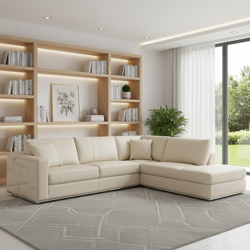 Beige Italian Leather Reclining L Shaped Two Piece Corner Sectional