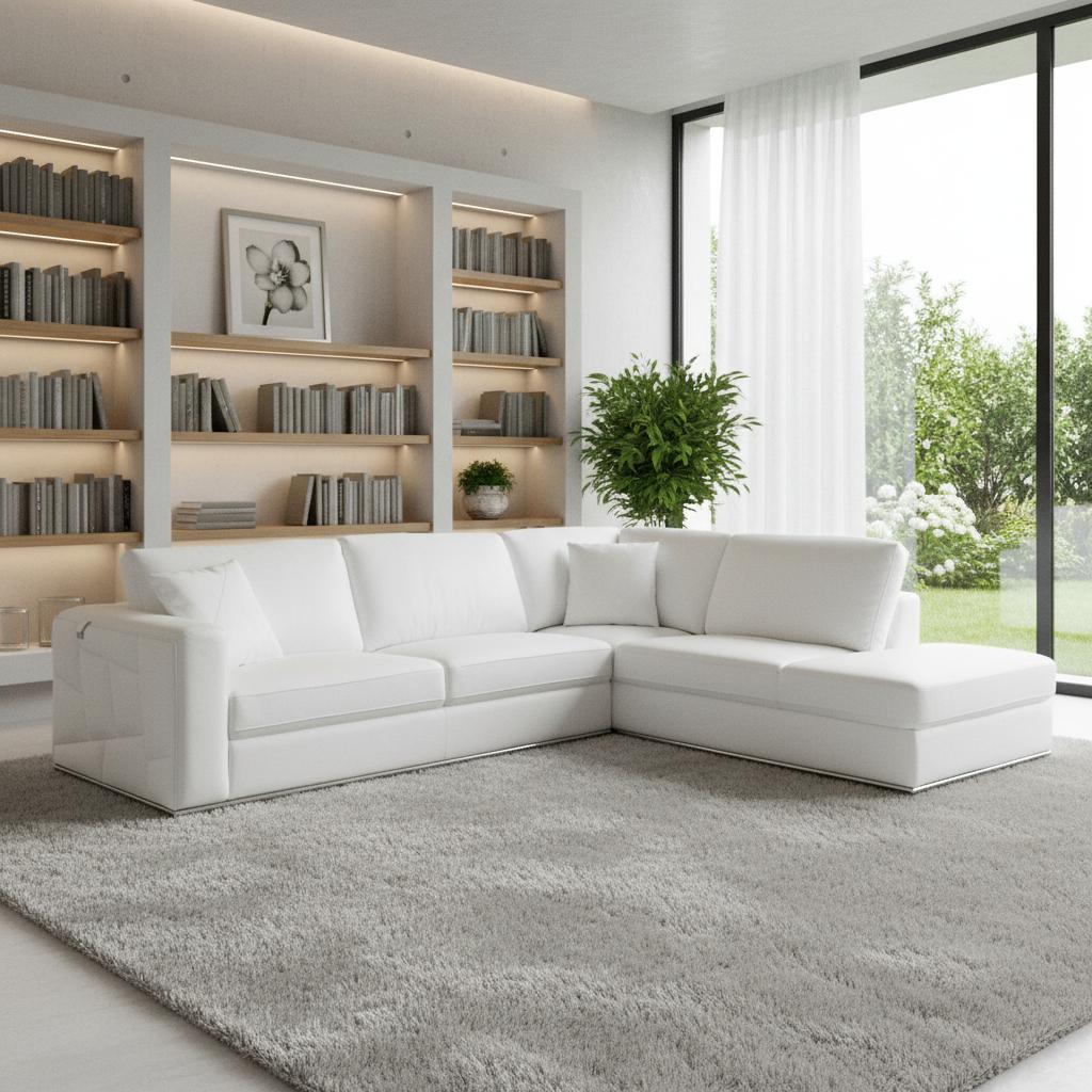 White Italian Leather Reclining L Shaped Two Piece Corner Sectional