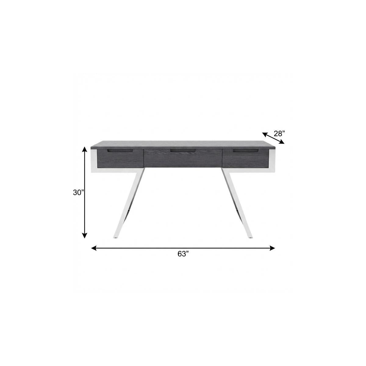 63" Gray and Silver Writing Desk With Three Drawers