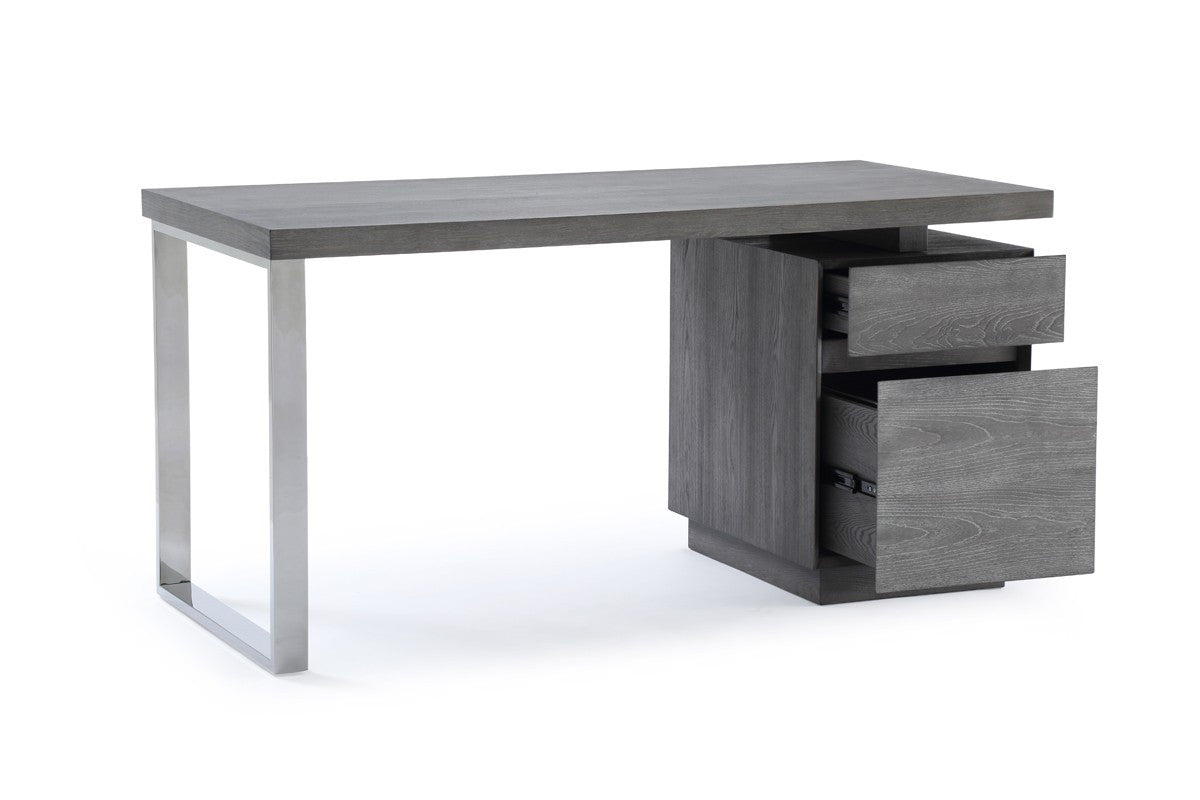 59" Gray and Silver Wood and Stainless Steel Writing Desk With Two Drawers