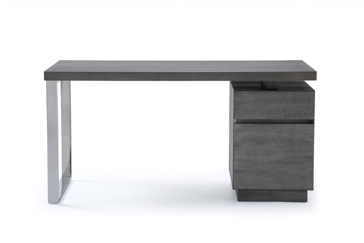 59" Gray and Silver Wood and Stainless Steel Writing Desk With Two Drawers