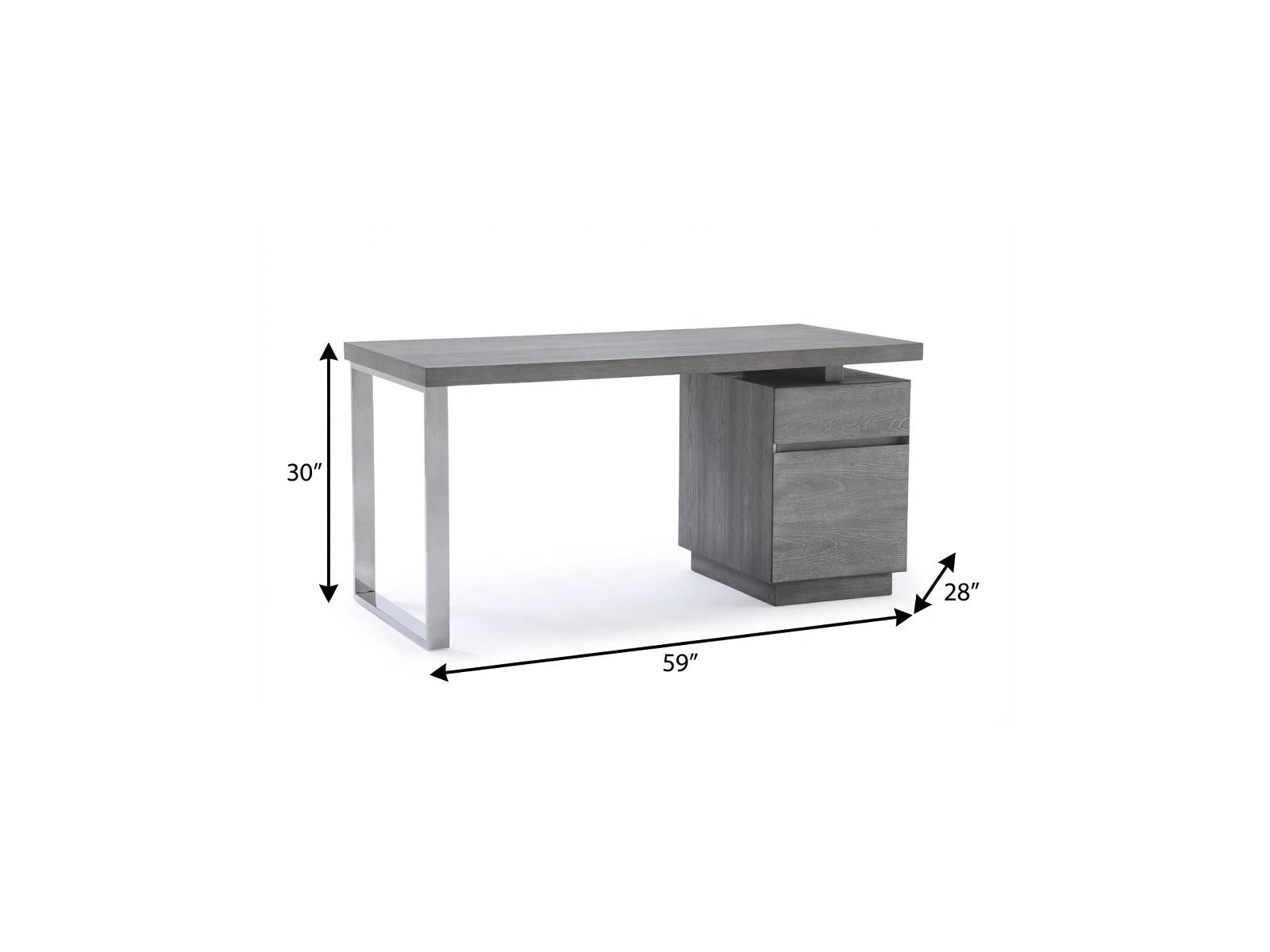 59" Gray and Silver Wood and Stainless Steel Writing Desk With Two Drawers