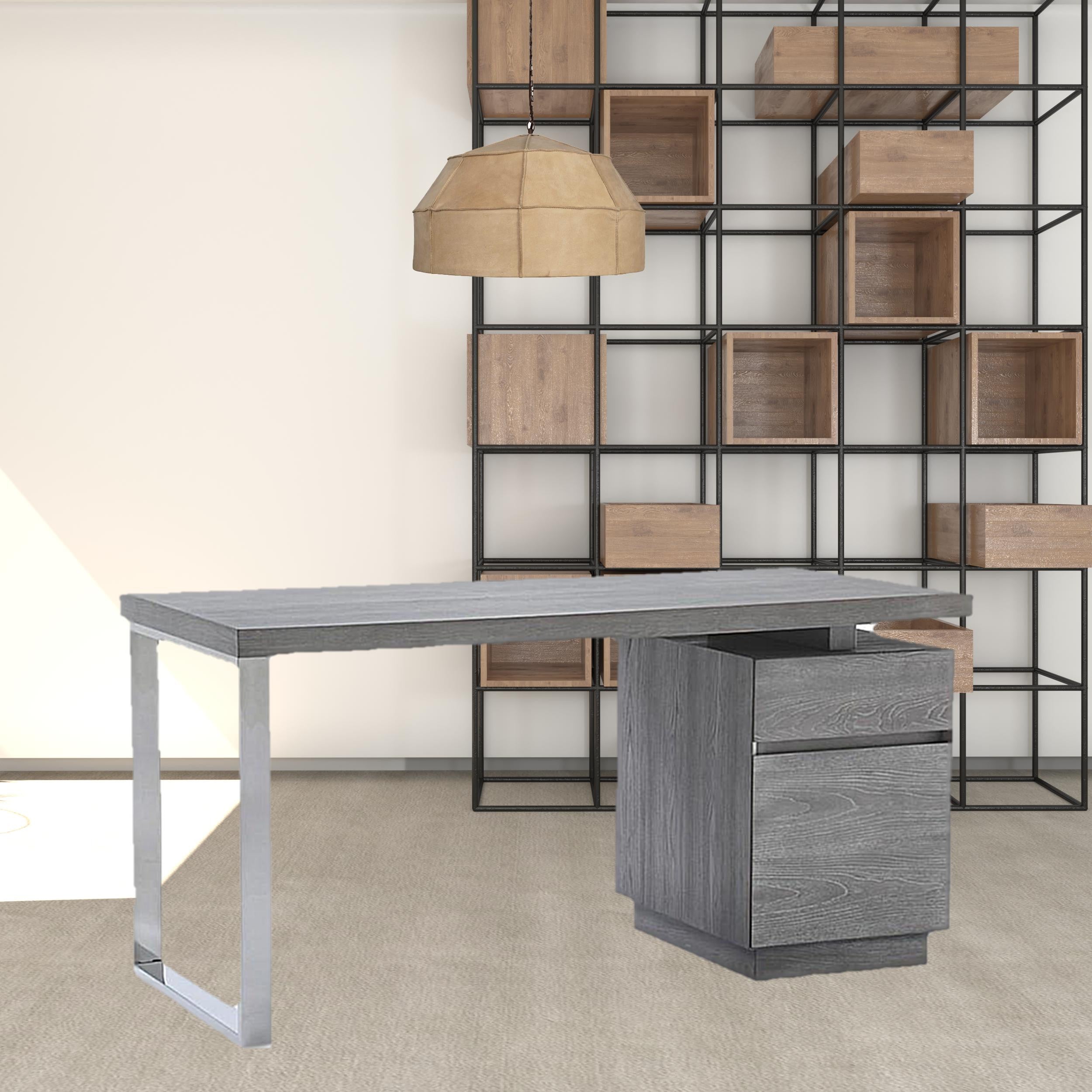 59" Gray and Silver Wood and Stainless Steel Writing Desk With Two Drawers