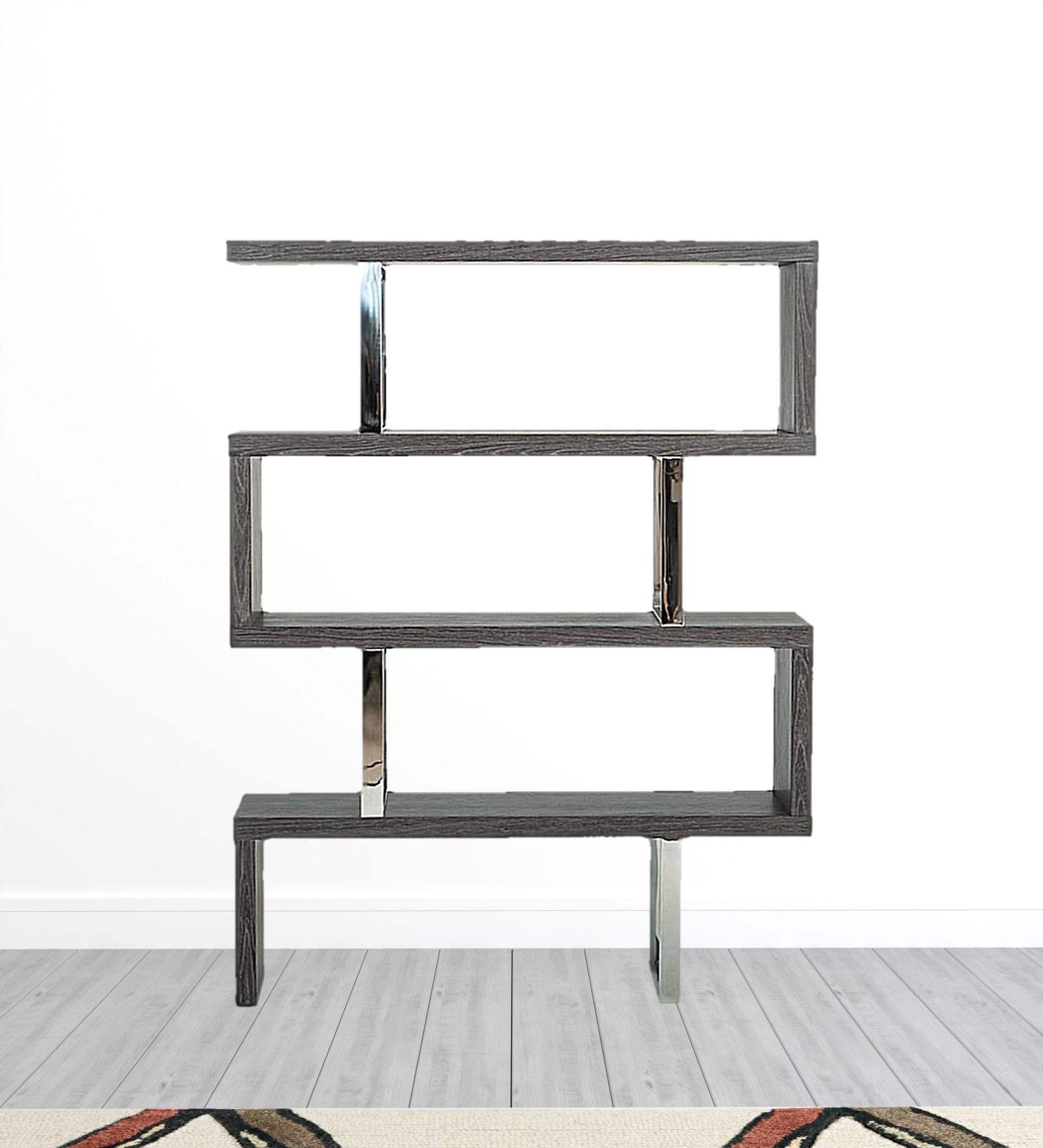 67" Grey Elm and Chrome Four Tier Zig Zag Bookcase