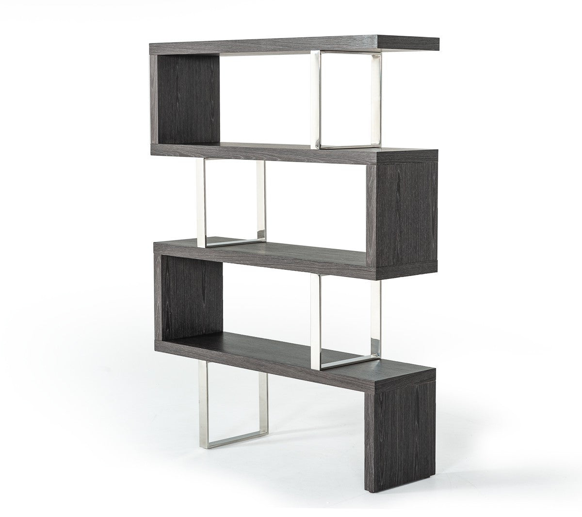 67" Grey Elm and Chrome Four Tier Zig Zag Bookcase