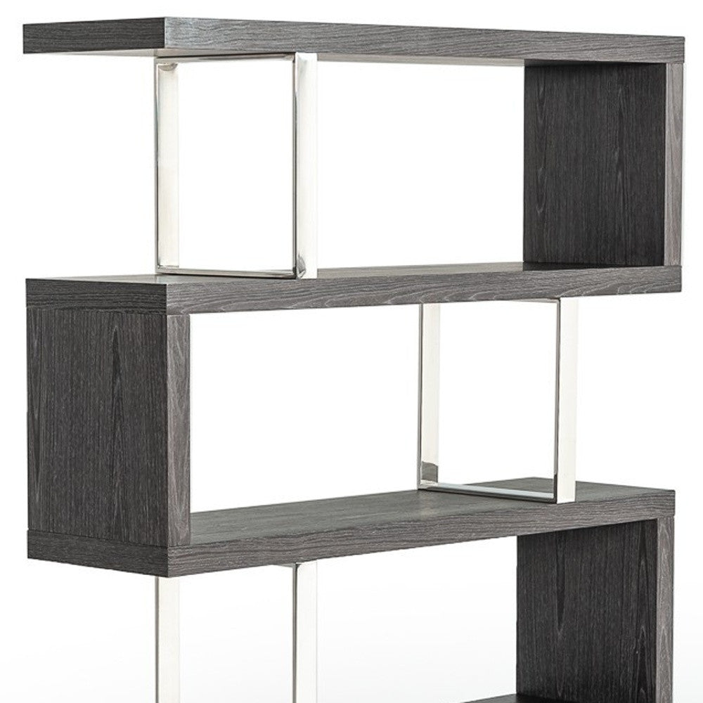 67" Grey Elm and Chrome Four Tier Zig Zag Bookcase