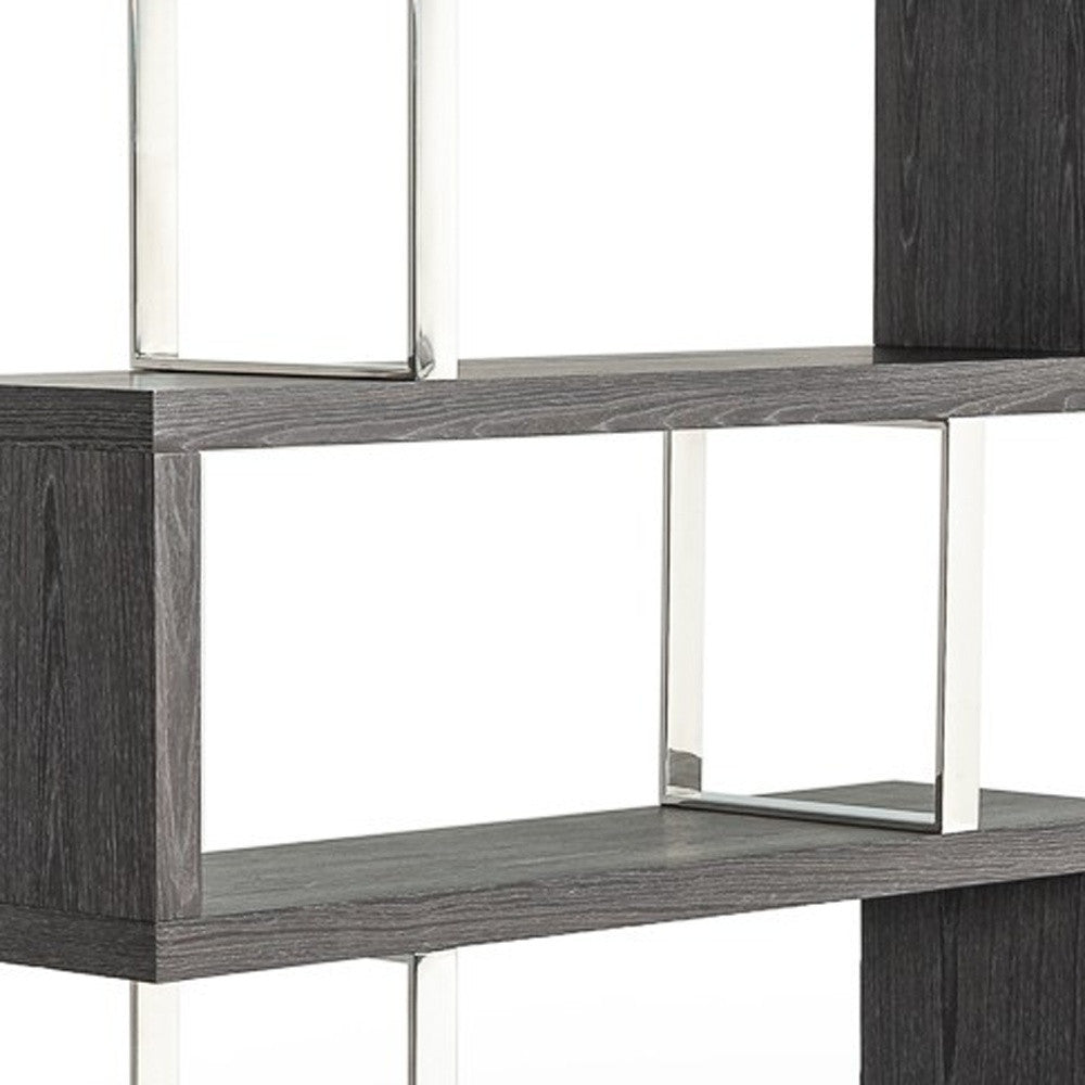 67" Grey Elm and Chrome Four Tier Zig Zag Bookcase