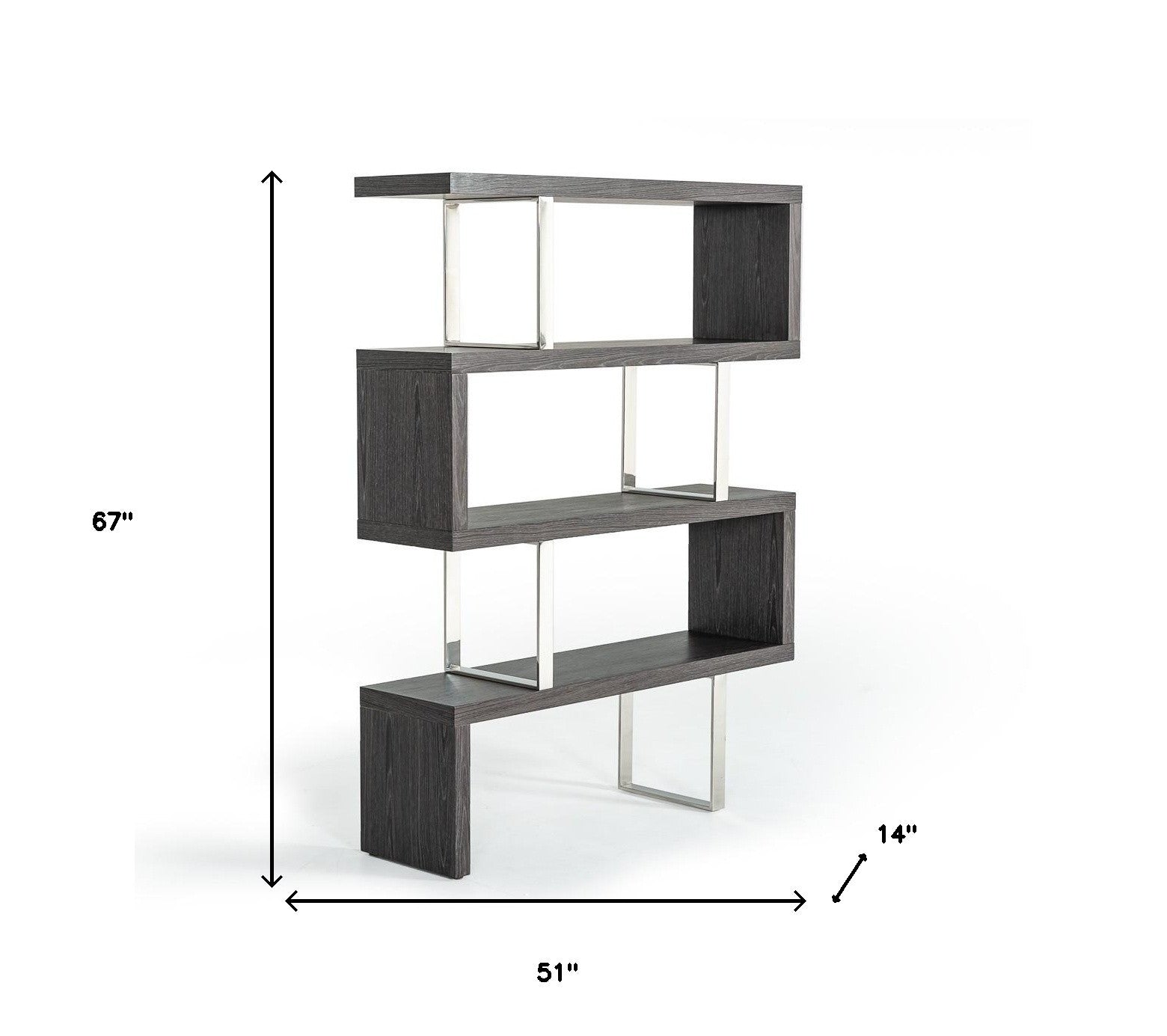 67" Grey Elm and Chrome Four Tier Zig Zag Bookcase