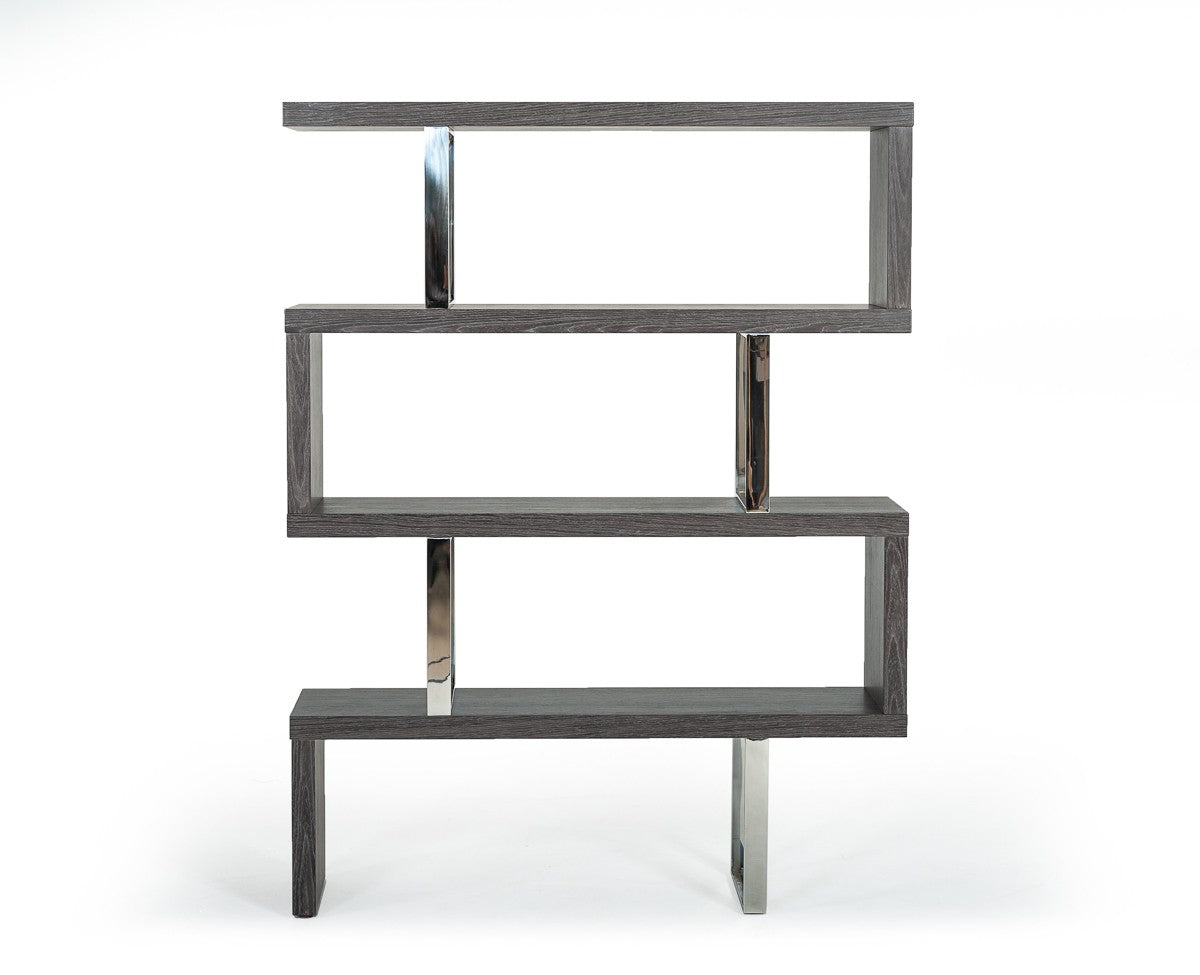 67" Grey Elm and Chrome Four Tier Zig Zag Bookcase