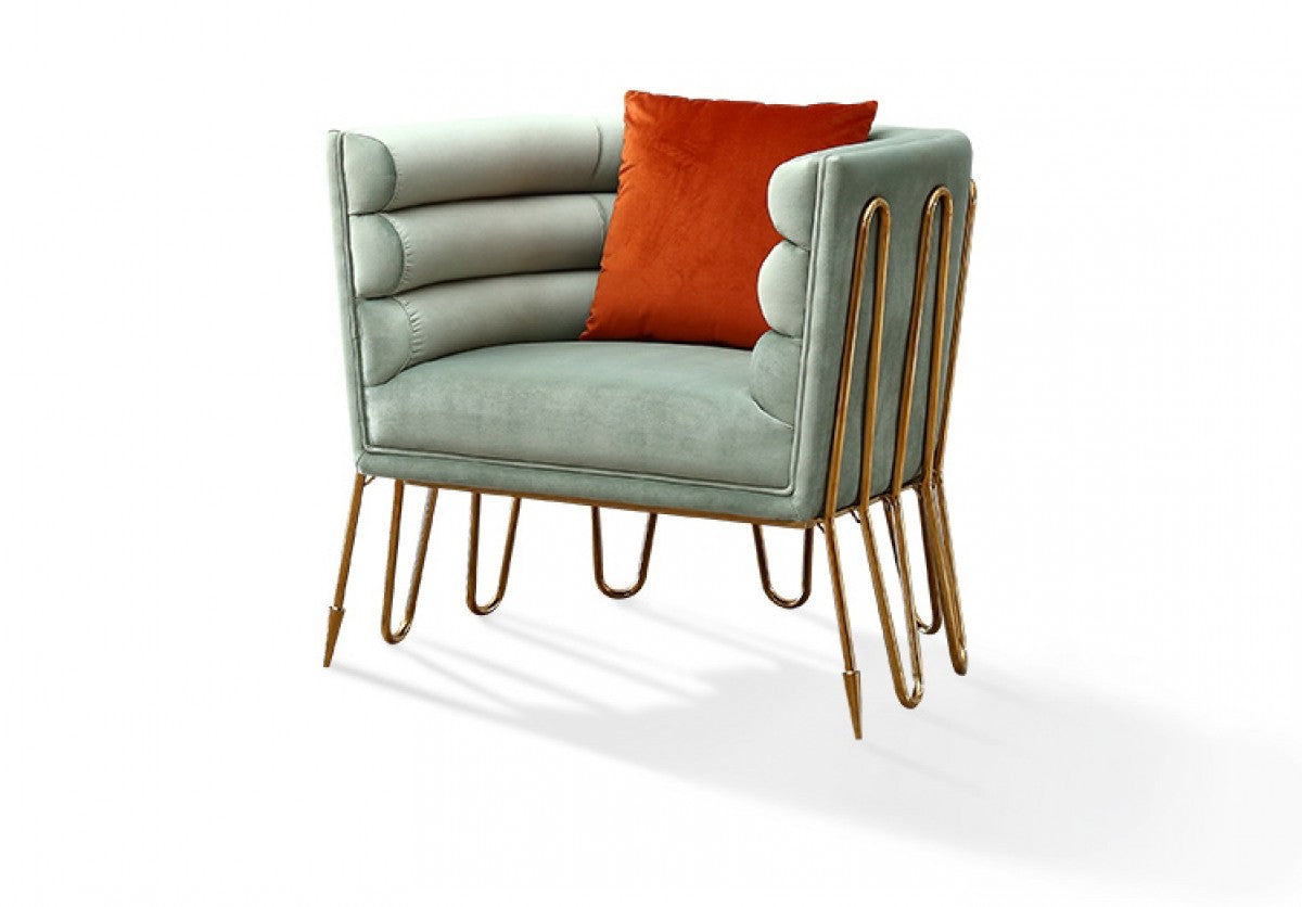 33" Light Green And Gold Velvet Lounge Chair