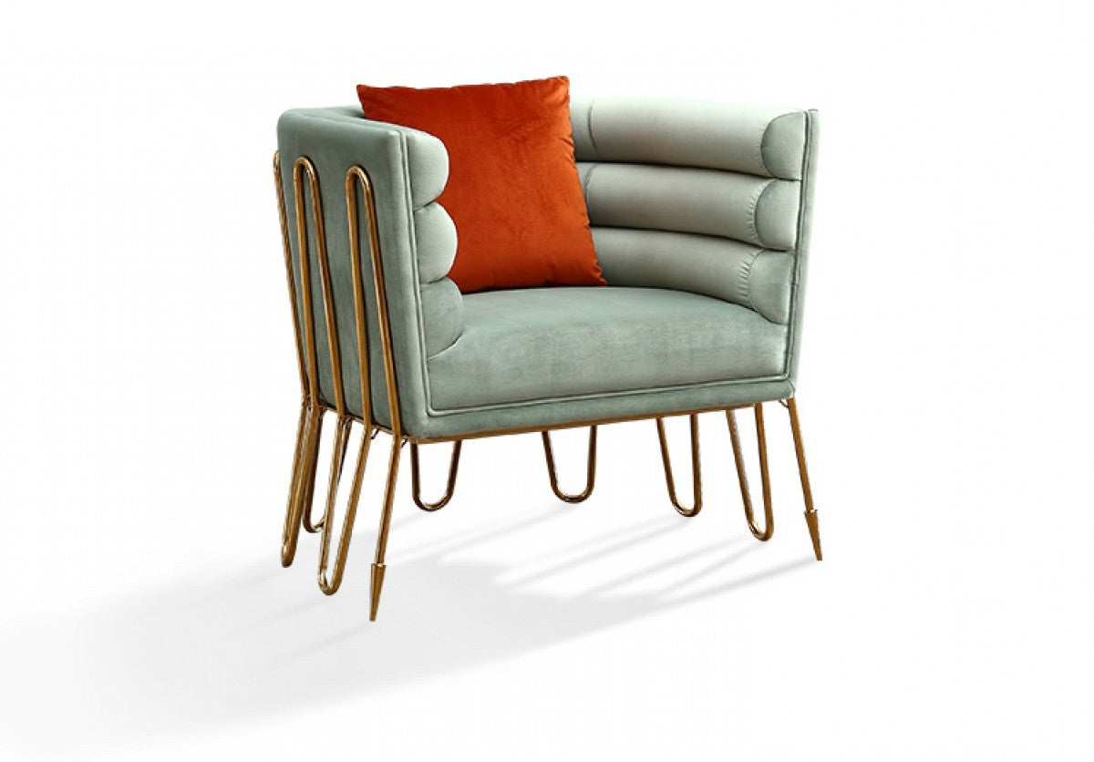 33" Light Green And Gold Velvet Lounge Chair