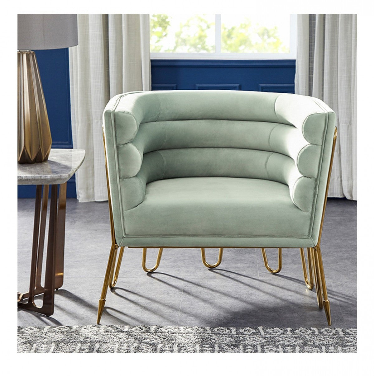 33" Light Green And Gold Velvet Lounge Chair