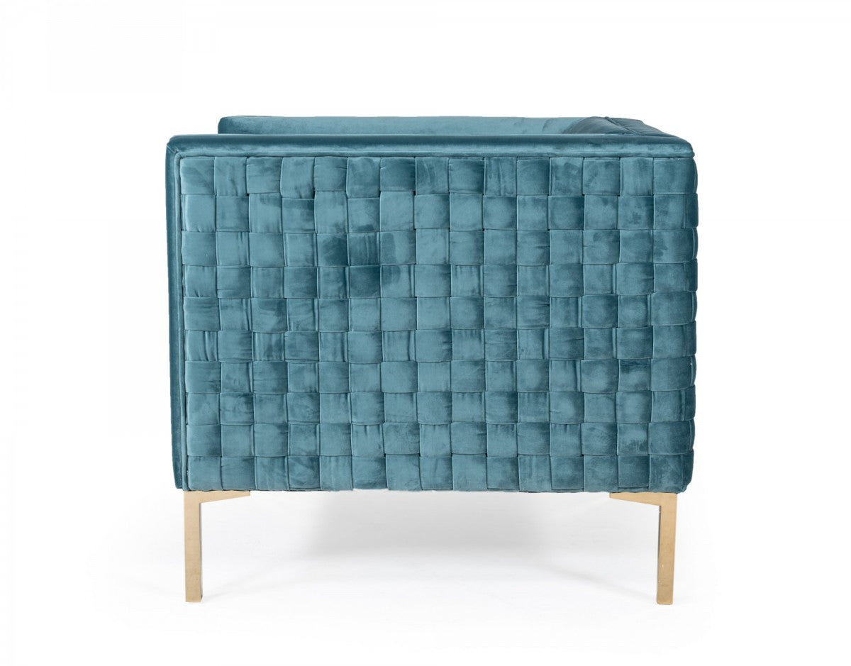 33" Teal Blue And Gold Velvet Arm Chair