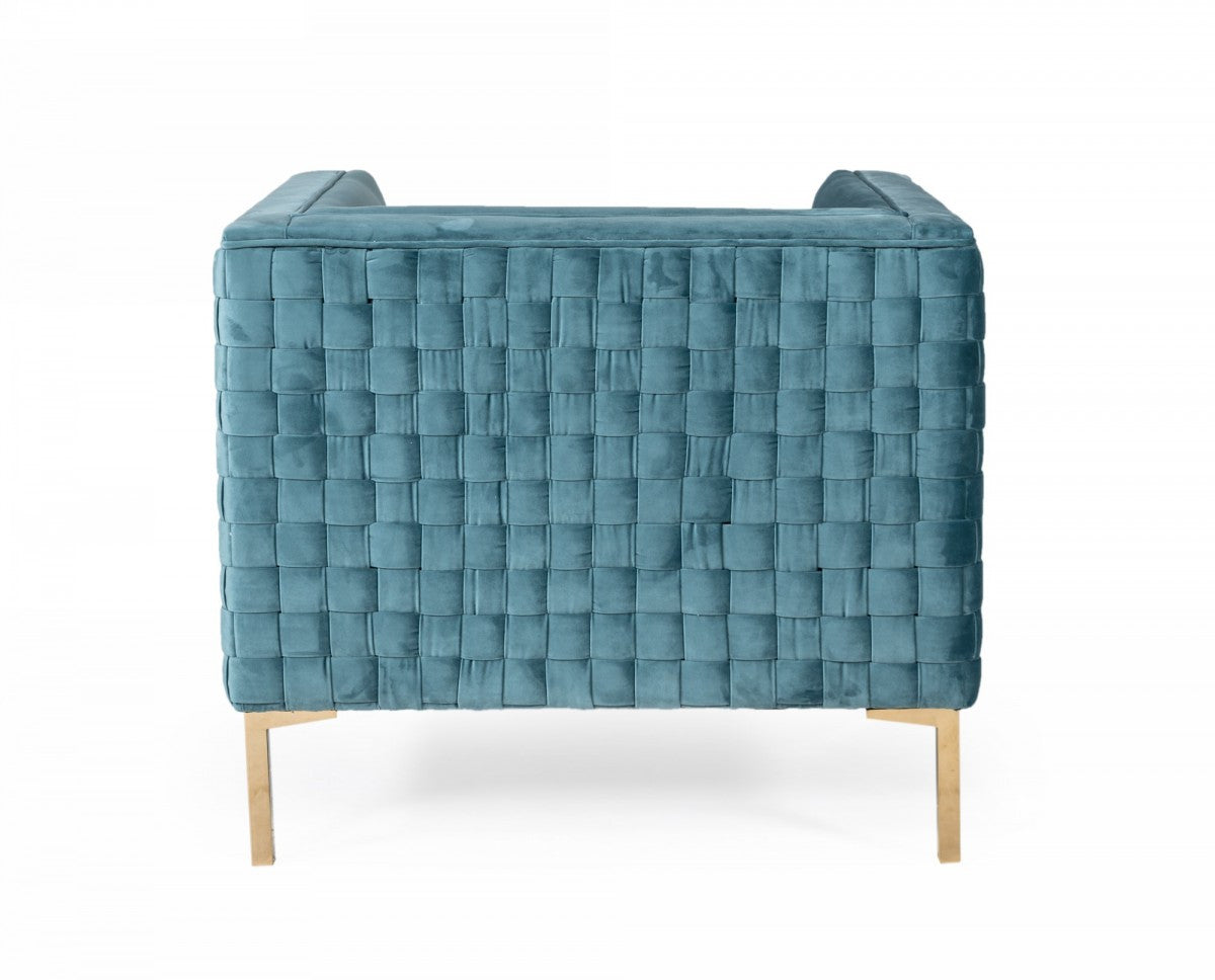 33" Teal Blue And Gold Velvet Arm Chair