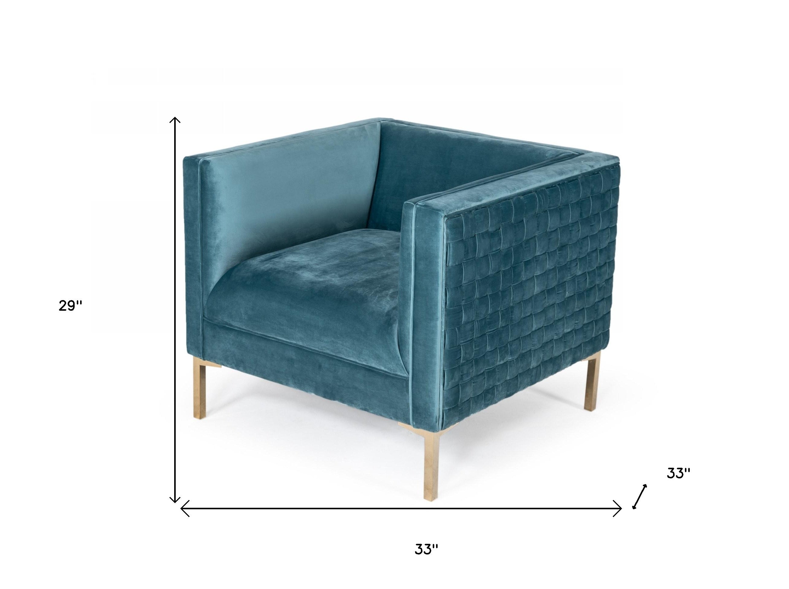 33" Teal Blue And Gold Velvet Arm Chair