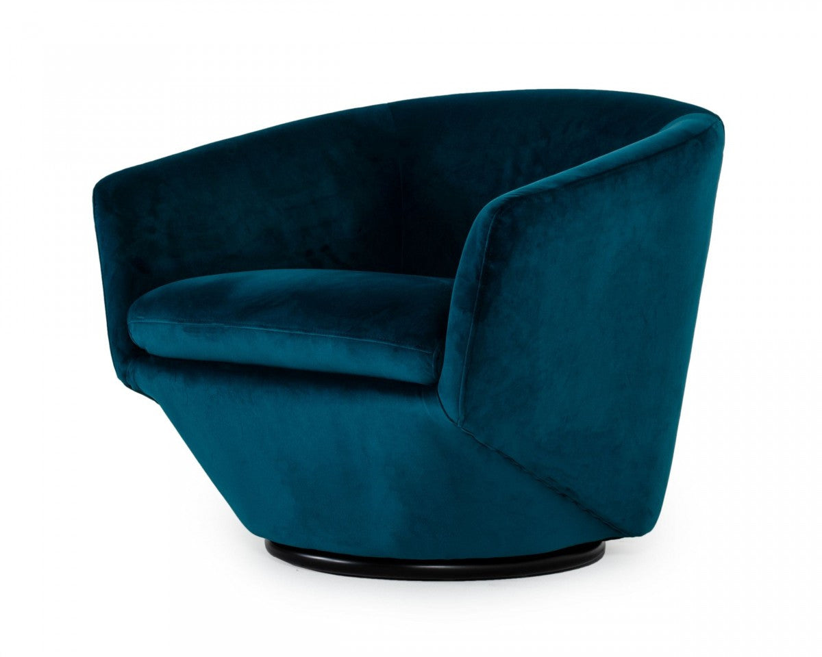41" Teal Blue And Black Velvet Swivel Barrel Chair