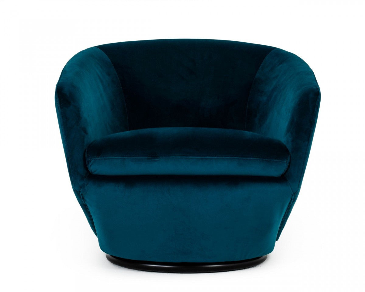 41" Teal Blue And Black Velvet Swivel Barrel Chair