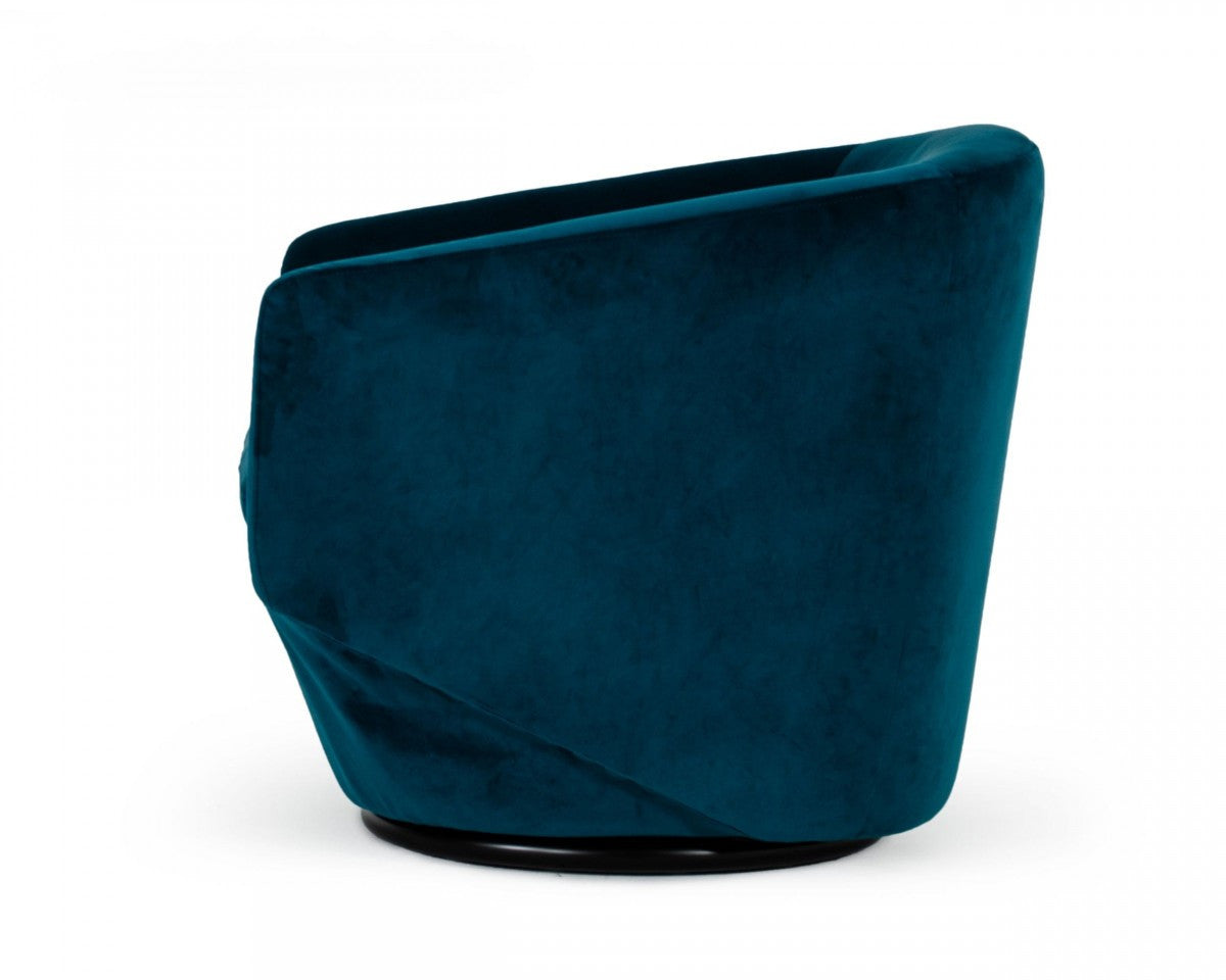 41" Teal Blue And Black Velvet Swivel Barrel Chair