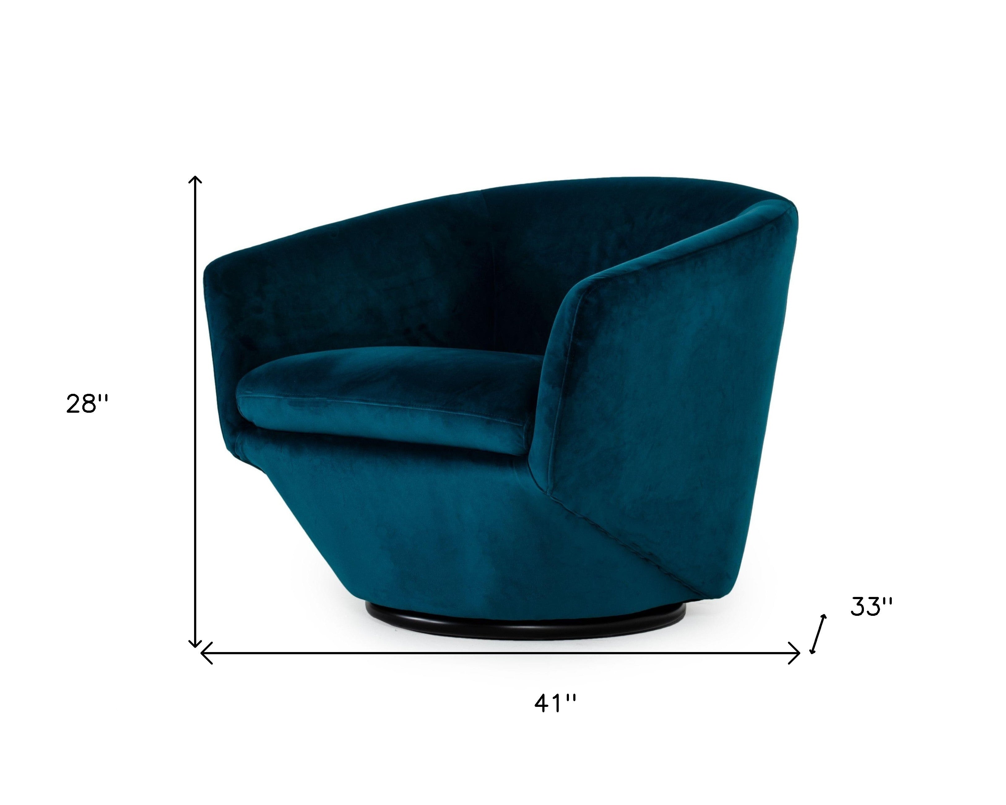 41" Teal Blue And Black Velvet Swivel Barrel Chair