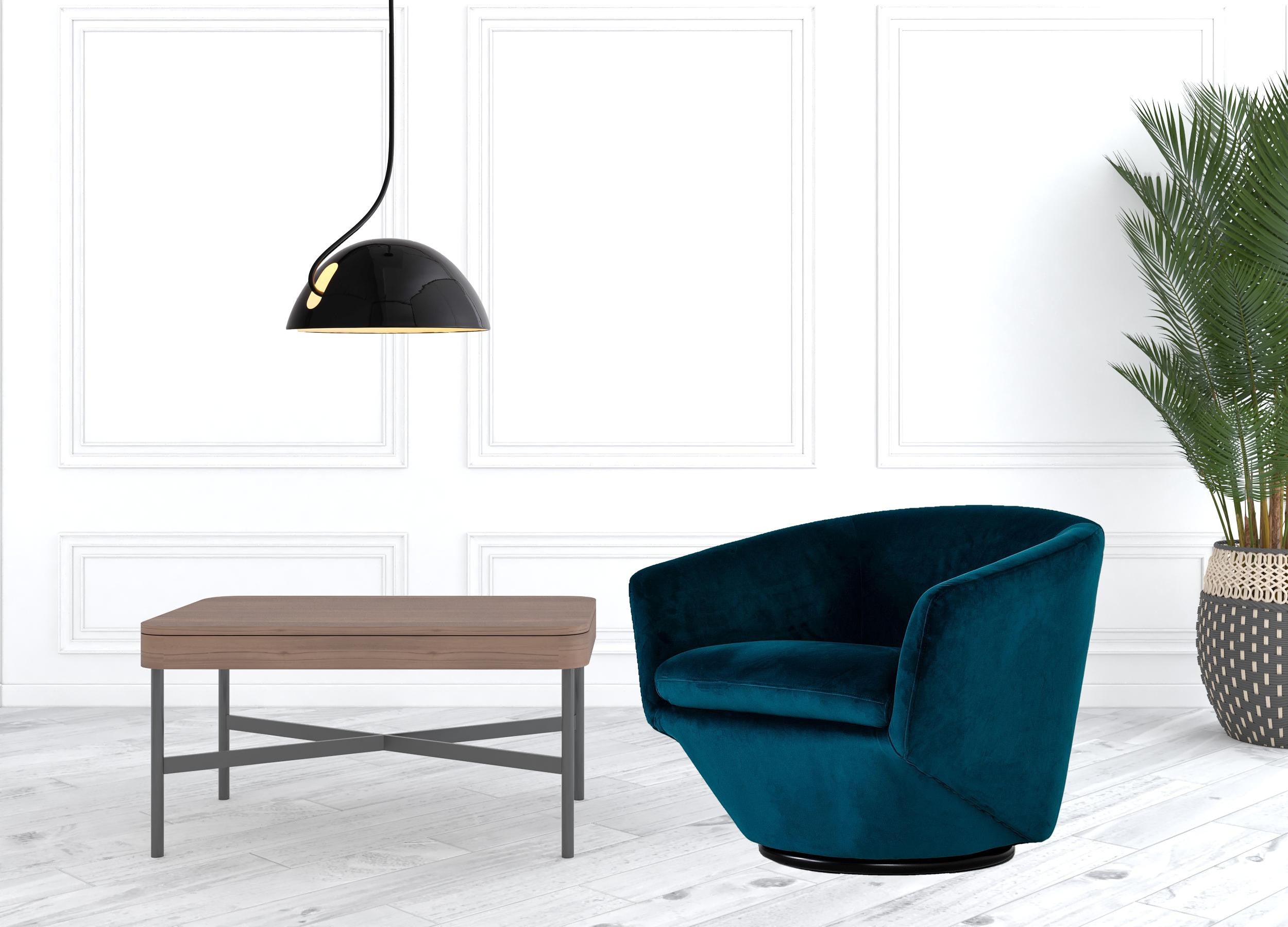41" Teal Blue And Black Velvet Swivel Barrel Chair