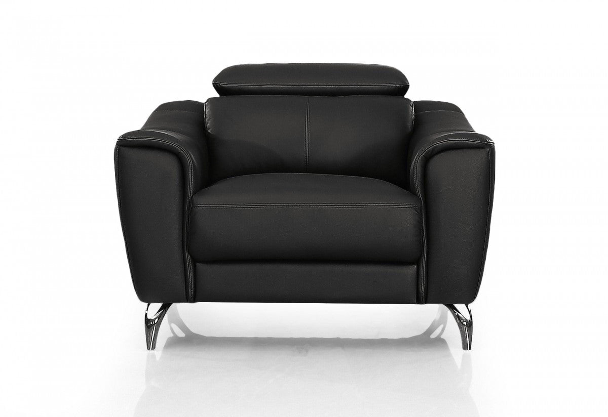 42" Black And Silver Genuine Leather Lounge Chair