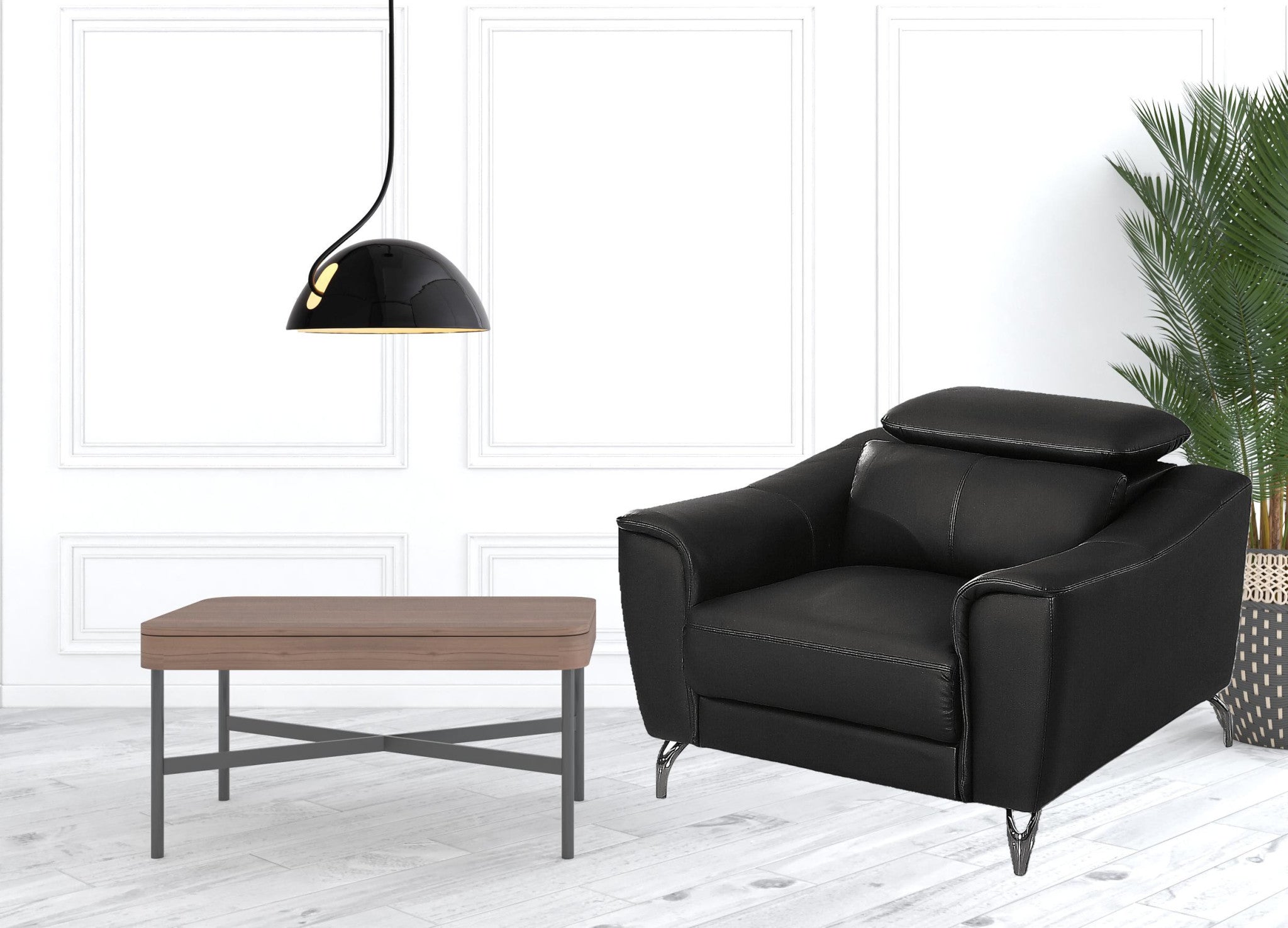 42" Black And Silver Genuine Leather Lounge Chair