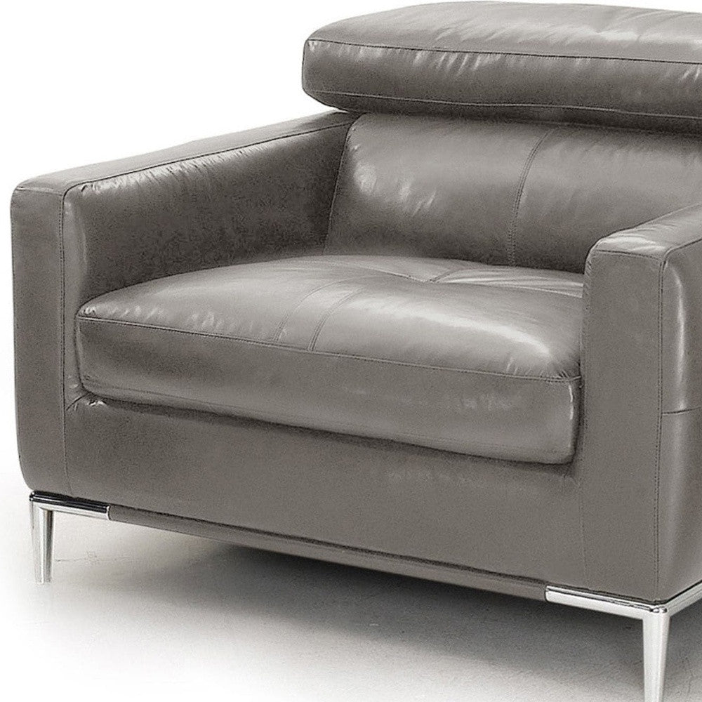 39" Gray And Silver Genuine Leather Tufted Lounge Chair