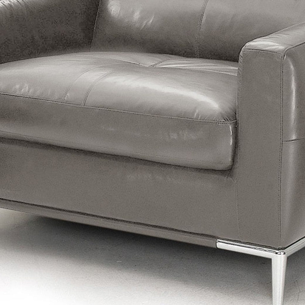 39" Gray And Silver Genuine Leather Tufted Lounge Chair