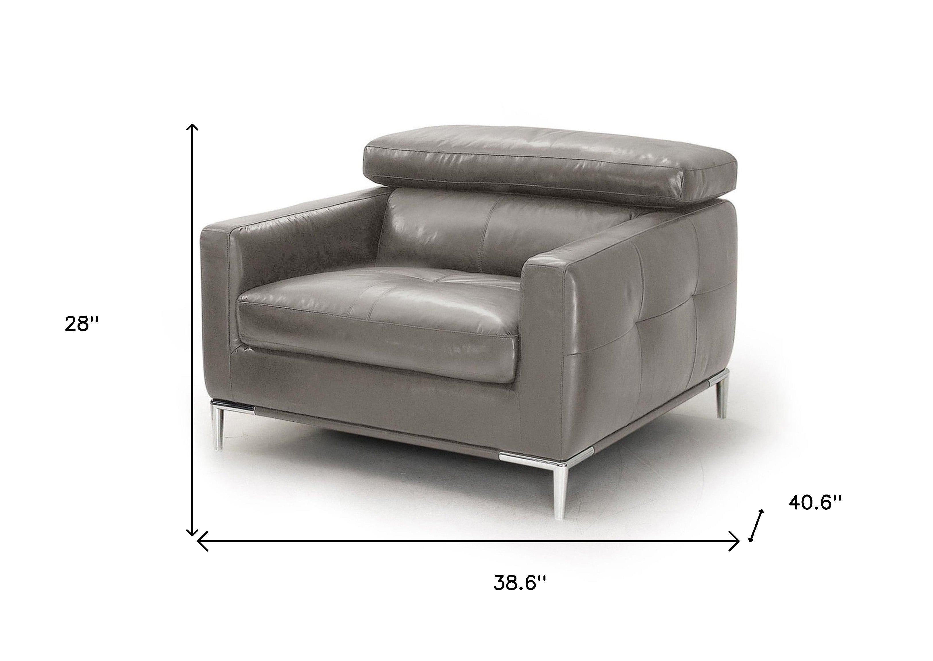 39" Gray And Silver Genuine Leather Tufted Lounge Chair