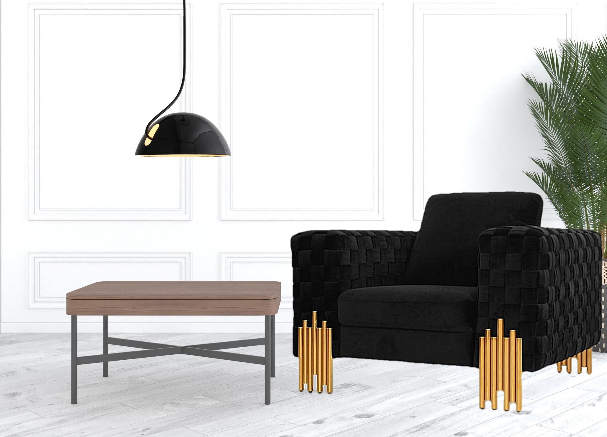 45" Black And Gold Velvet Tufted Lounge Chair