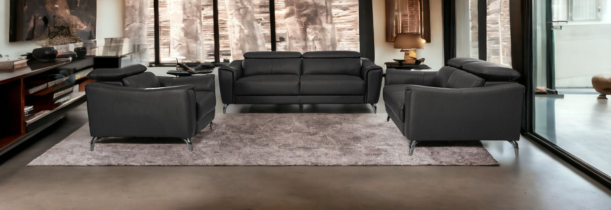 Three Piece Black Genuine Leather Six Person Seating Set