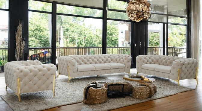 Three Piece Beige Velvet Six Person Seating Set