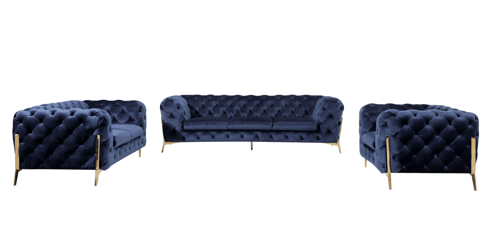 Three Piece Blue Velvet Six Person Seating Set
