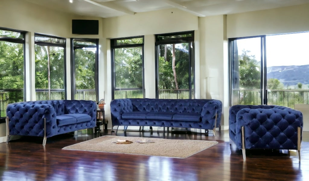 Three Piece Blue Velvet Six Person Seating Set