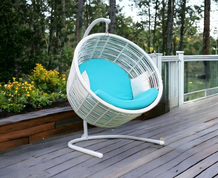 49" White Metal Indoor Outdoor Swing Chair with Aqua Cushion