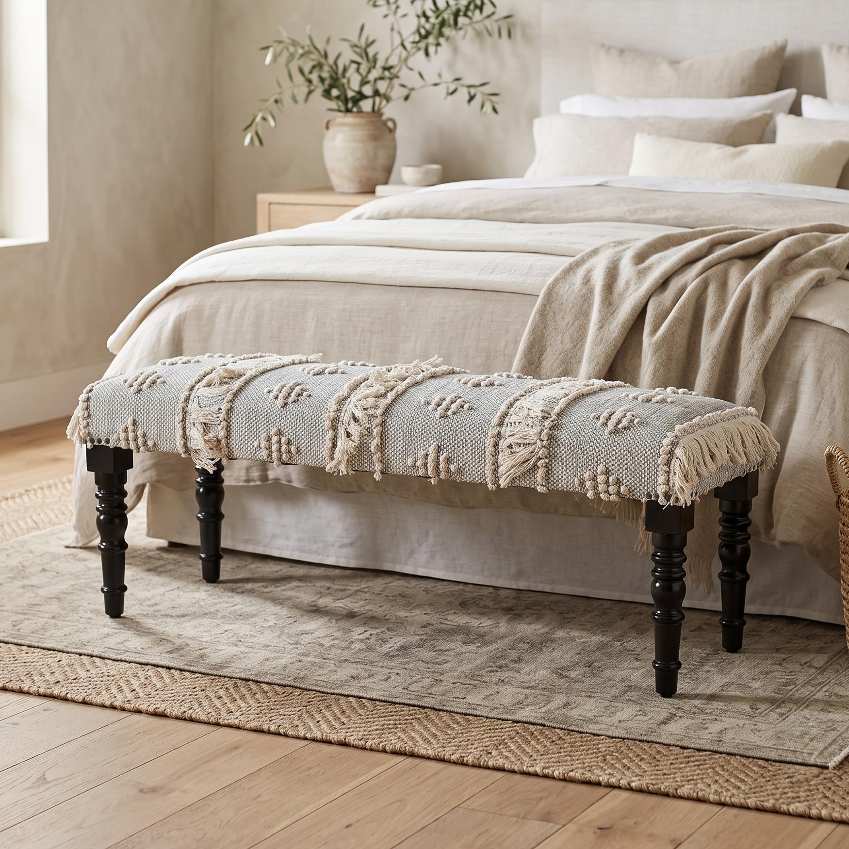 47" Cream And Black Leg Abstract Stripe and Dot Upholstery Bench