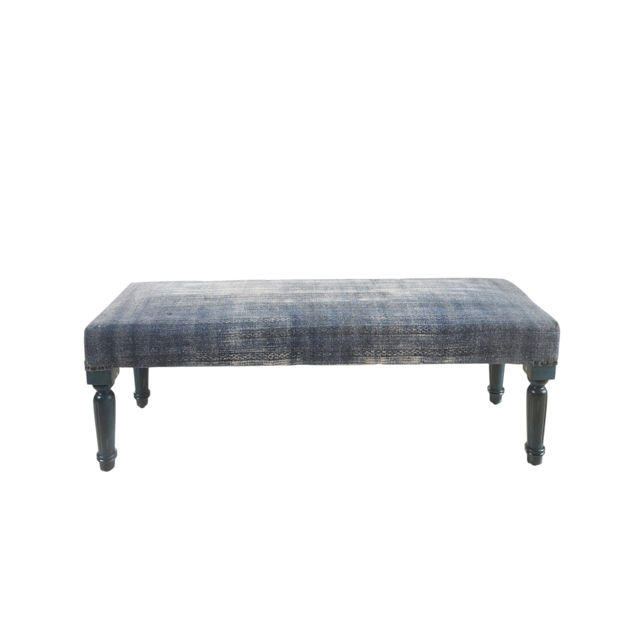 47" Blue And Cream Abstract Design Blue Leg Upholstered Bench