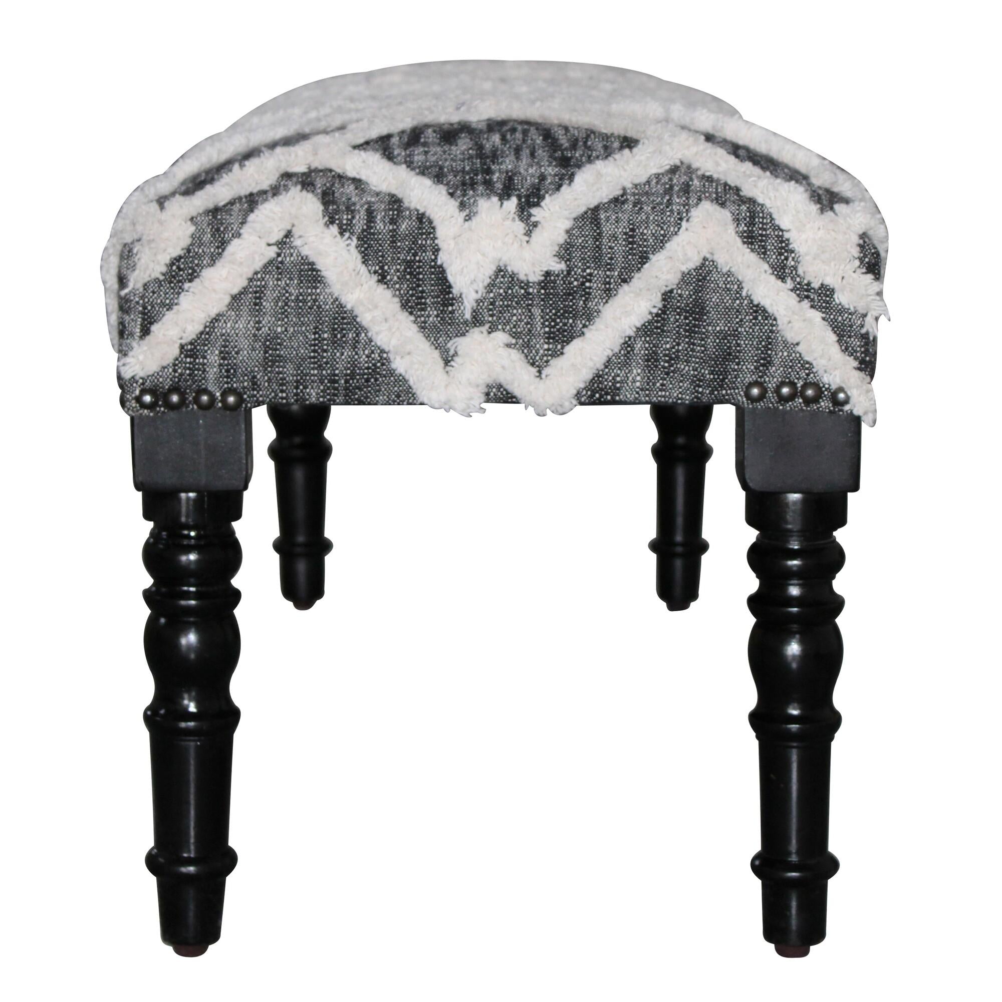 47" Gray And White Geometric Cotton Upholstered Distressed Bench