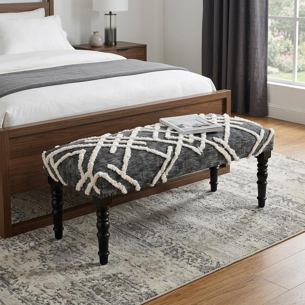 47" Gray And White Geometric Cotton Upholstered Distressed Bench
