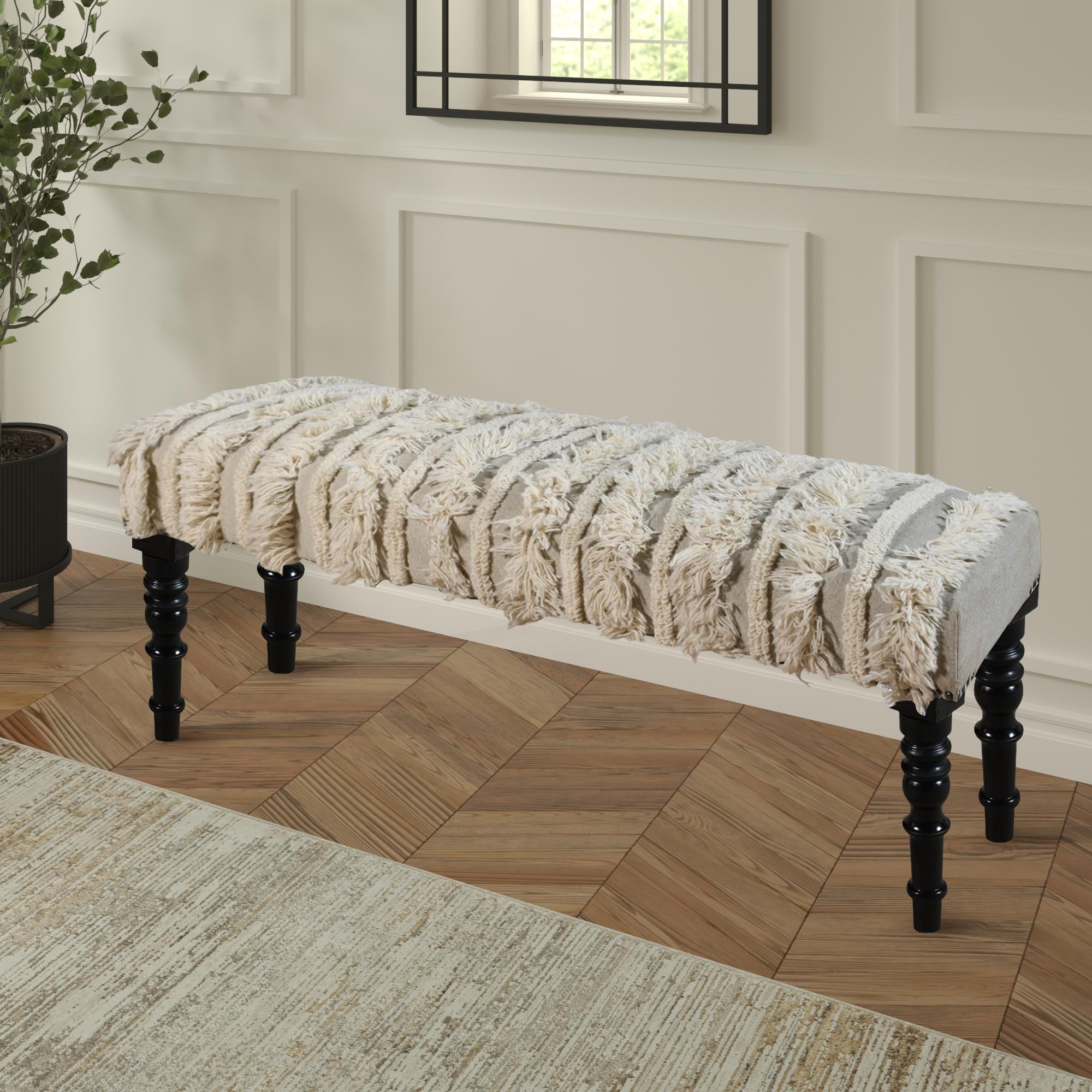 47" Cream Textural Boho Stripe Black Leg Upholstered Bench