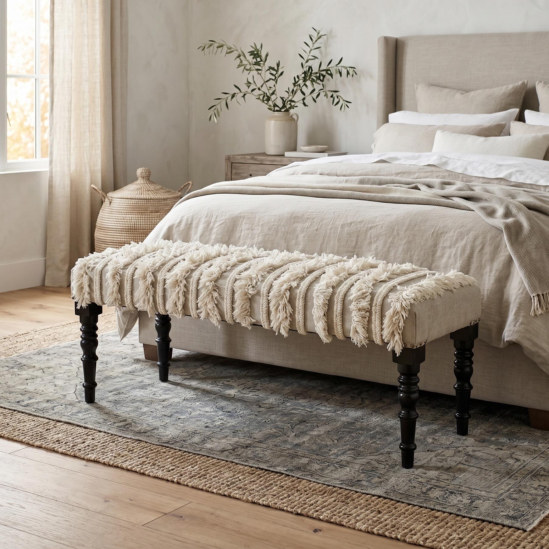 47" Cream Textural Boho Stripe Black Leg Upholstered Bench