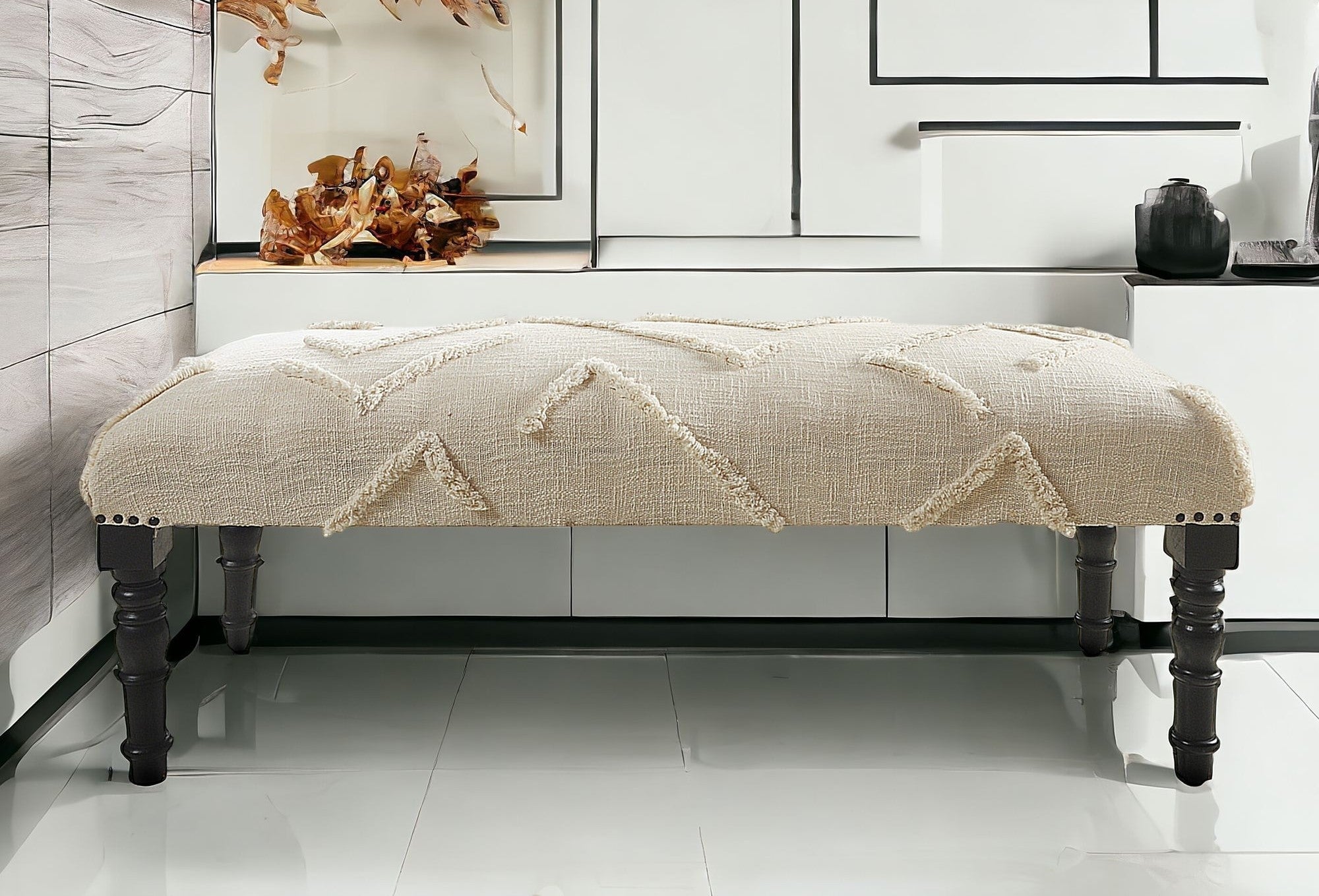 47" Cream and Black Cotton Upholstered Geometric Bench