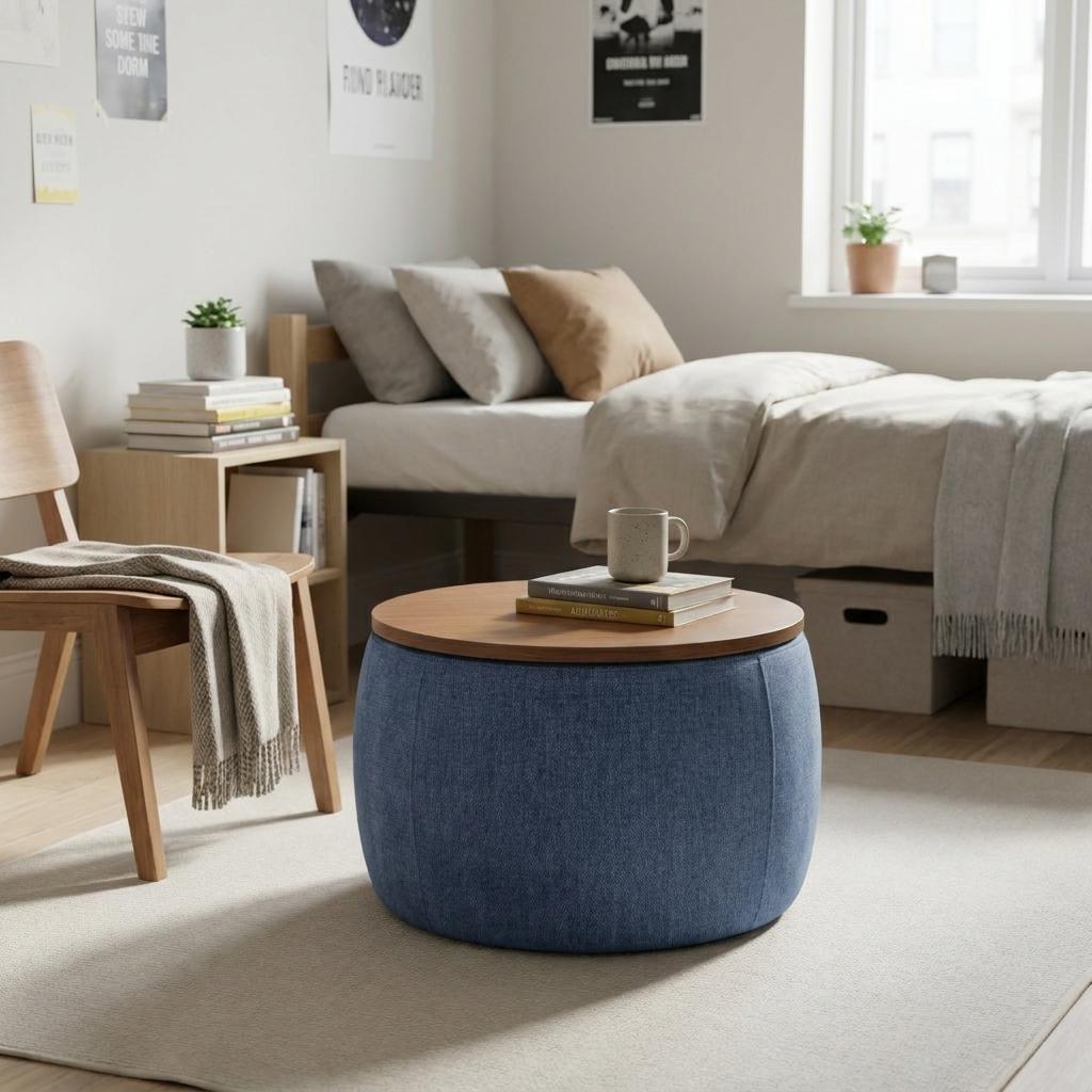 26" Blue and Brown Fabric And Wood Reversible Tray Top Round Storage Ottoman
