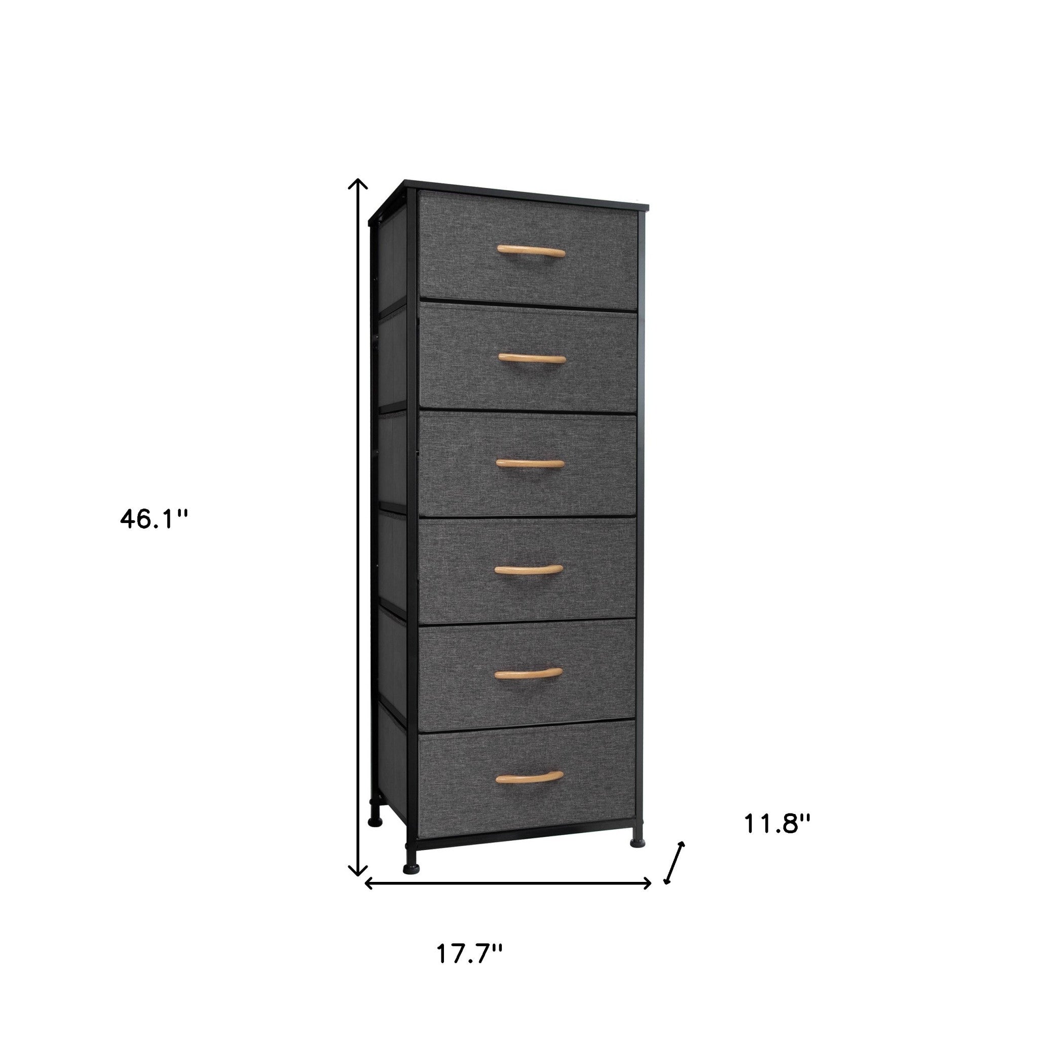 18" Black And Gray Fabric and Steel Six Drawer Dresser
