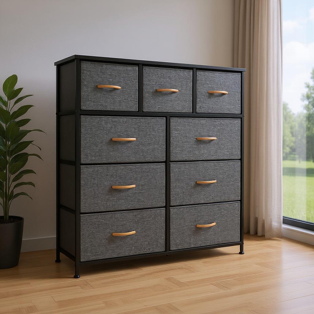 39" Gray and White Steel and Fabric Nine Drawer Triple Dresser