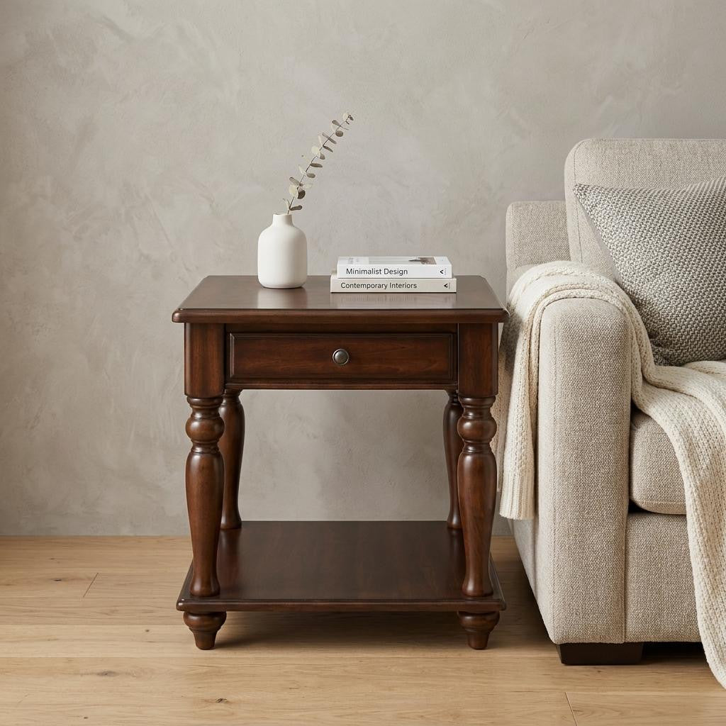24" Walnut Manufactured Wood Rectangular End Table With Drawer And Shelf
