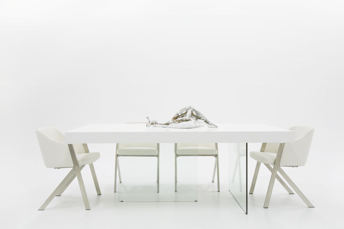 79" White and Clear Wood and Glass Trestle Base Dining Table