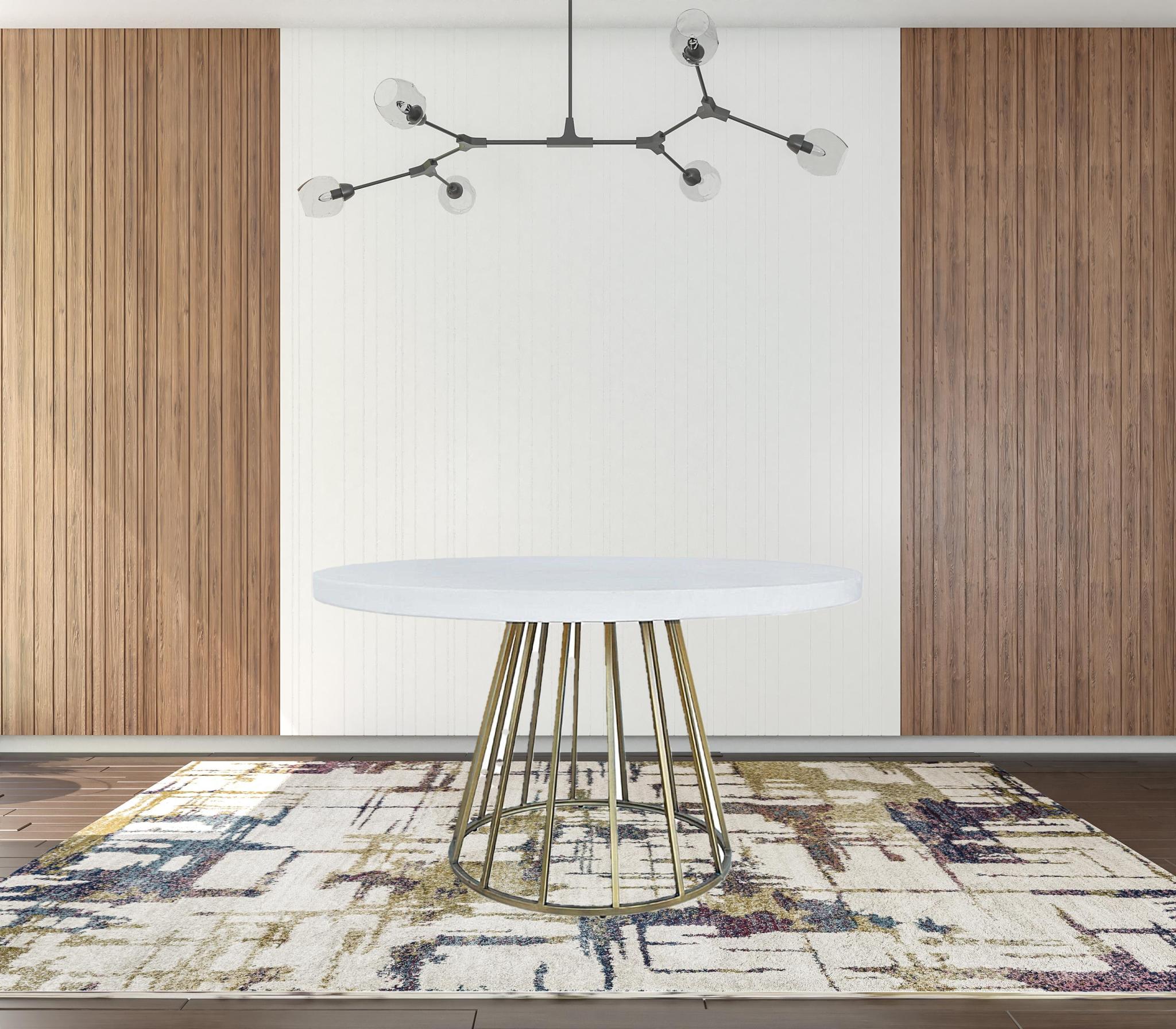 51" White and Brass Concrete and Brass Pedestal Base Round Top Dining Table