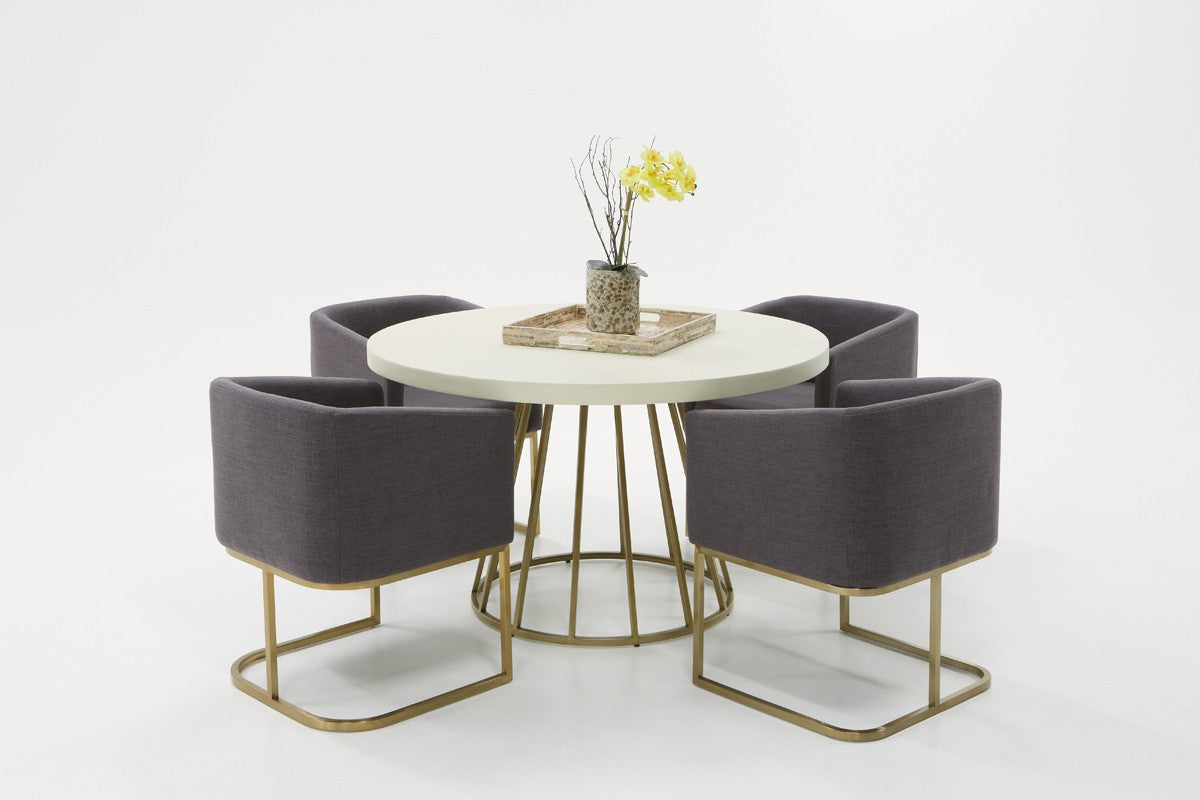51" White and Brass Concrete and Brass Pedestal Base Round Top Dining Table