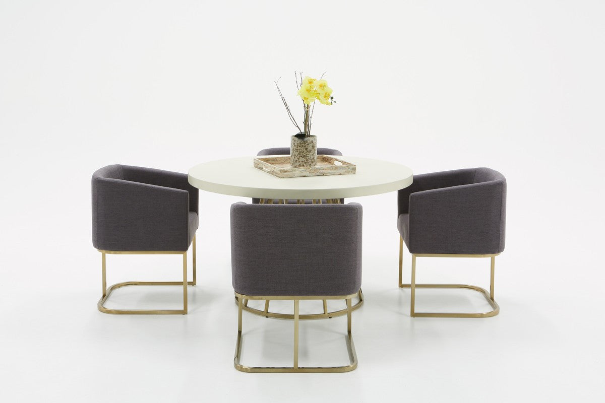 51" White and Brass Concrete and Brass Pedestal Base Round Top Dining Table